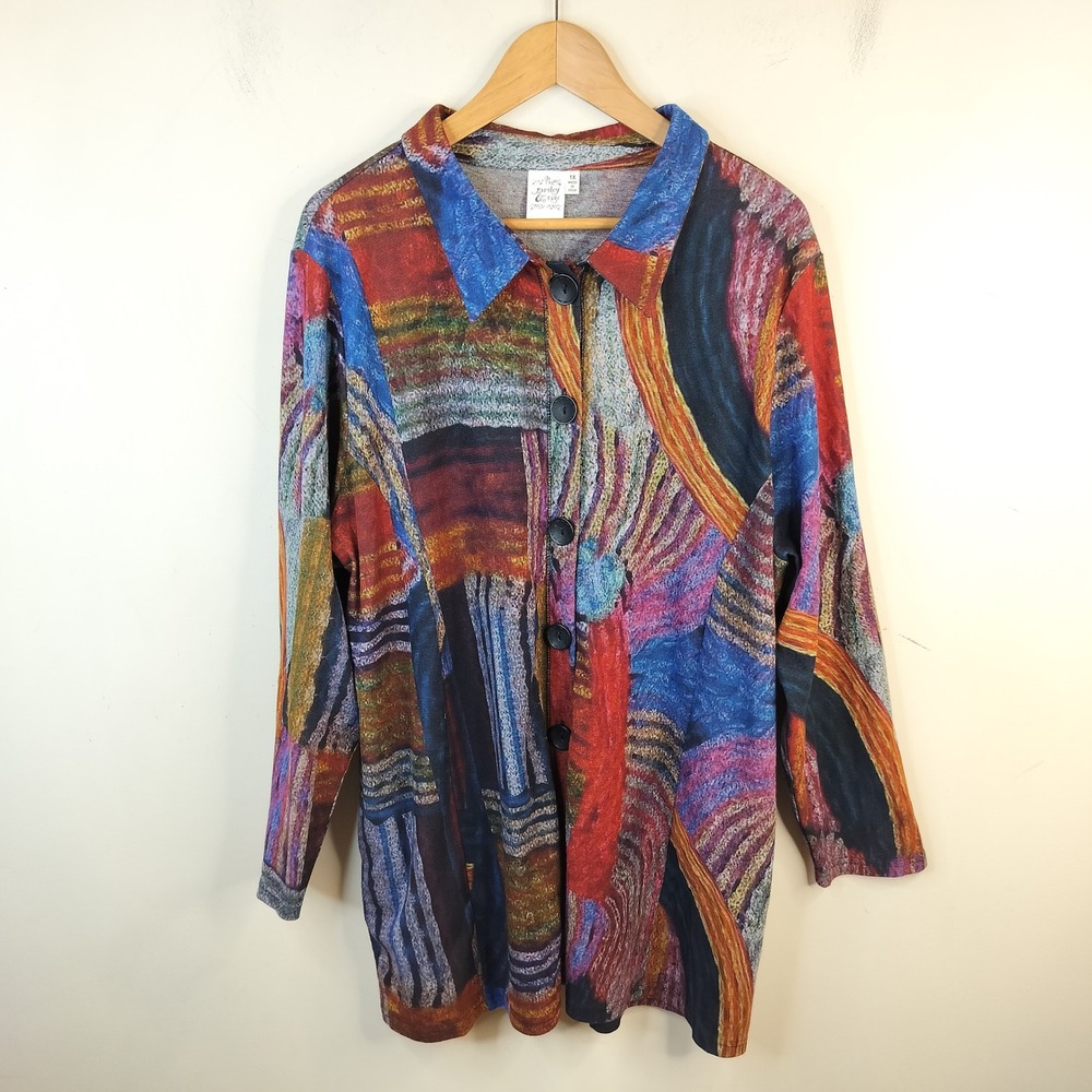 Parsley & Sage Button Up Tunic Womens 1X Abstract Art To Wear Pockets Colorful